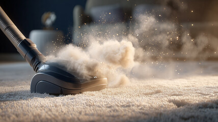 The vacuum cleaner is in action, strong suction power sucks up the dust.