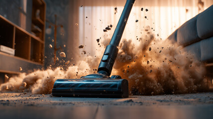 The vacuum cleaner is in action, strong suction power sucks up the dust.