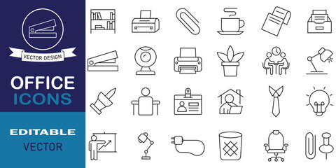 Office line icon set symbol. Pack of 24 icons related to workspace, coworking, office, meeting, team, office desk, work and more. Linear icon collection editable vector illustration.