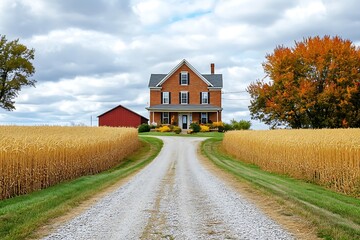 A cozy brick farmhouse surrounded by golden wheat fields, with a gravel driveway leading up to a red barn 