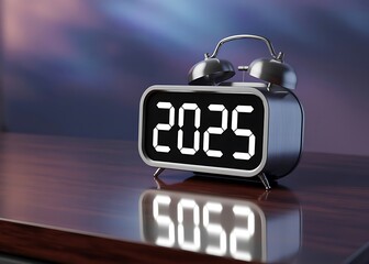 Retro alarm clock displaying the year 2025 with reflection