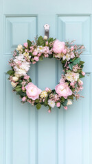 Pastel floral spring wreath on light blue door for seasonal home decoration