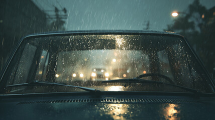 Wide angle view of the front of the car during heavy rain (windshield)