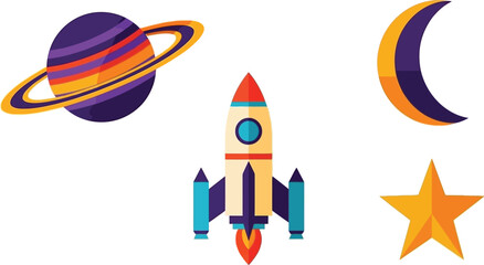 Flat design set of 4 space elements planet saturn crescent moon rocket ship and star