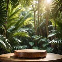 Obraz premium 3D rendered wooden podium with green tropical leaves for product display.