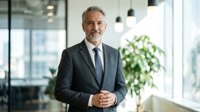 A confident middle aged businessman stands indoors wearing a suit and tie in a modern office setting high quality professional detailed