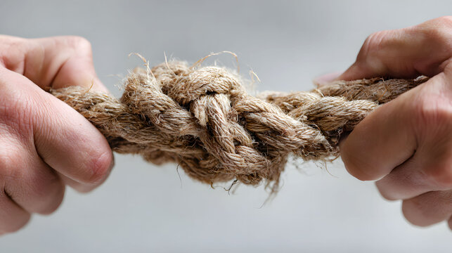 Hands pulling a rope knot tight tension concept
