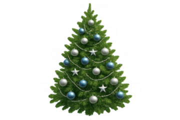 Christmas tree decorated with blue and silver ornaments, stars, and garlands, celebrating winter holidays