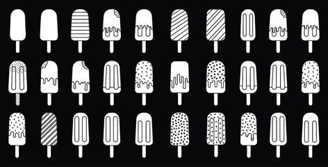 Collection of thirty unique black and white outline icons representing various styles of ice cream bars on a stick