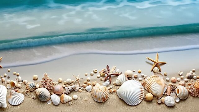 Seashells and starfish on a sandy beach with rolling ocean waves. Animated tropical background for summer vacation. Travel and holiday concept with copy space