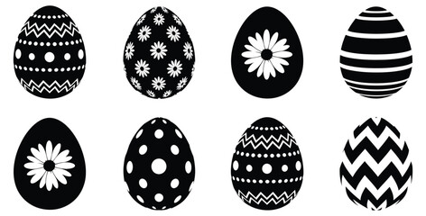 Collection of eight stylized black and white patterned easter eggs for holiday design on white background