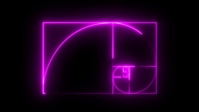 glowing neon Golden Ratio Fibonacci sequence golden number icon on black background. neon Fibonacci spiral golden ratio icon. 4k motion video.