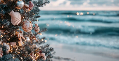 Christmas tree decorated with shells on tropical beach