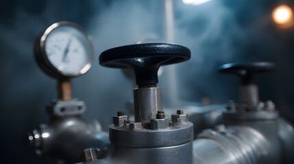 A close up view of industrial valves and a pressure gauge in a steamy foggy environment