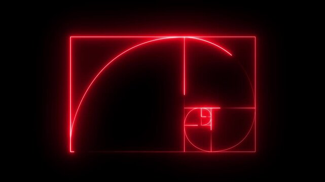glowing neon Golden Ratio Fibonacci sequence golden number icon on black background. neon Fibonacci spiral golden ratio icon. 4k motion video.