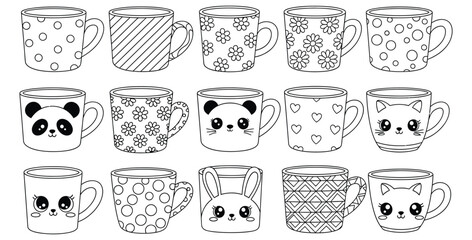 Adorable collection of kawaii animal and patterned coffee mugs perfect for coloring pages