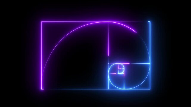 glowing neon Golden Ratio Fibonacci sequence golden number icon on black background. neon Fibonacci spiral golden ratio icon. 4k motion video.
