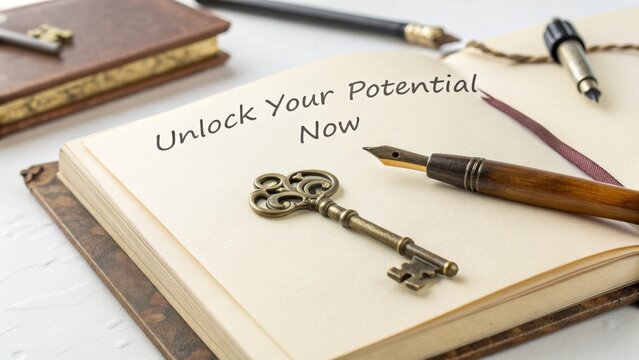 Vintage key on open notebook unlocking human potential