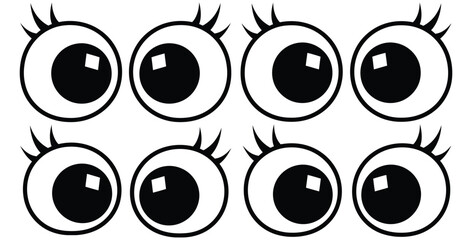 Collection of eight cute cartoon eyes with long black eyelashes isolated on a white background