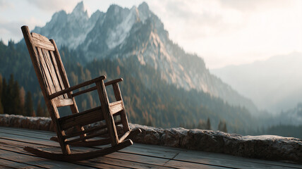 wooden rocking chairs are placed on a beautiful terrace with a mountain backdrop.