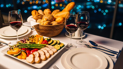 Elegant dinner table set with a platter of grilled chicken and vegetables, fresh bread, and red wine glasses in a fine dining restaurant with city lights in the background.