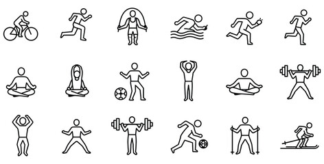 Collection of simple black outline icons representing various physical fitness activities and sports exercises