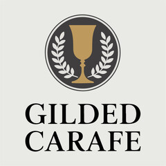 Gilded Carafe goblet emblem with laurel circle, refined beverage brand logo, elegant hospitality vector mark for wine bars, tastings and packaging