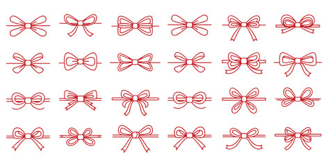 Collection of 24 unique red line art gift bows and decorative ribbons perfect for holiday wrapping