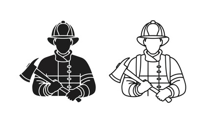 Two firefighter icons in black and white each holding an axe
