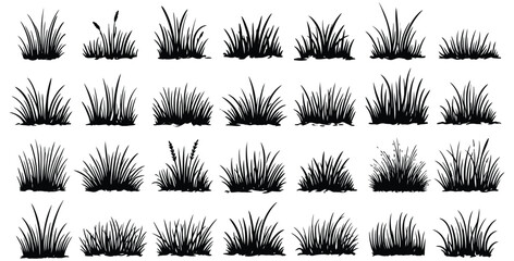 Collection of diverse black silhouette grass clumps perfect for landscape design and nature graphics