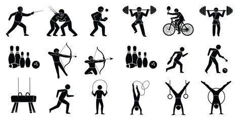 Collection of various black silhouette icons representing different sports and physical fitness activities for graphic design
