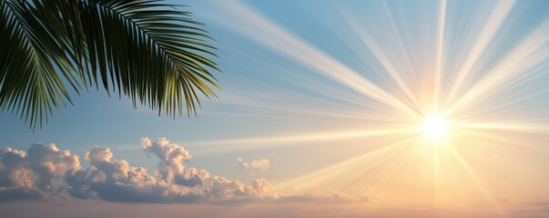 Bright Sunrise Over Calm Water with Tropical Palm Tree Silhouette