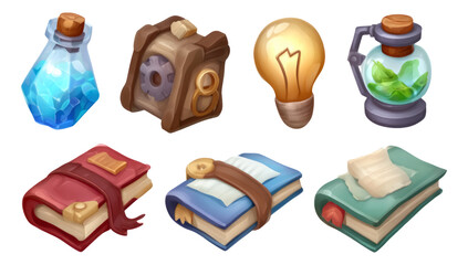 Colorful Collection of Isolated Cartoon Objects Including Bottle, Clock, Light Bulb