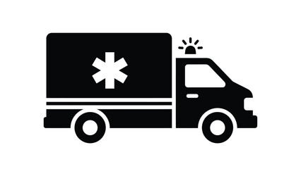 Simple black and white silhouette of an ambulance vehicle with a medical star © msunny93