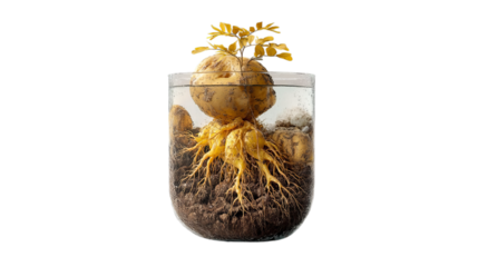 PNG of A vibrant plant with yellow leaves emerging from a transparent container displaying roots and soil.