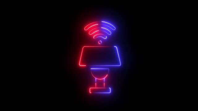 Glowing neon Stylized smart lamp with wireless connectivity on black background .4k motion video icon .