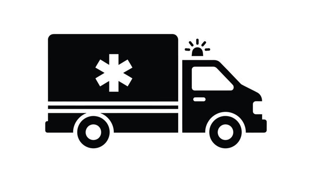 Simple black and white silhouette of an ambulance vehicle with a medical star