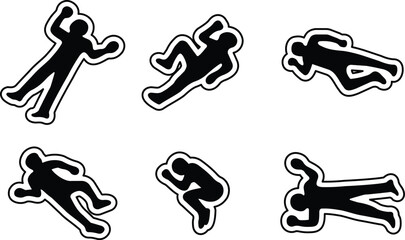 Set of dead body icons, collection of crime scene human silhouettes, group of flat vector symbols, add corpse, victim, murder, death, forensic illustration, black icon