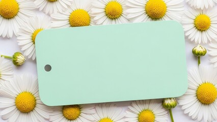 Mint green tag on white daisies with yellow centers