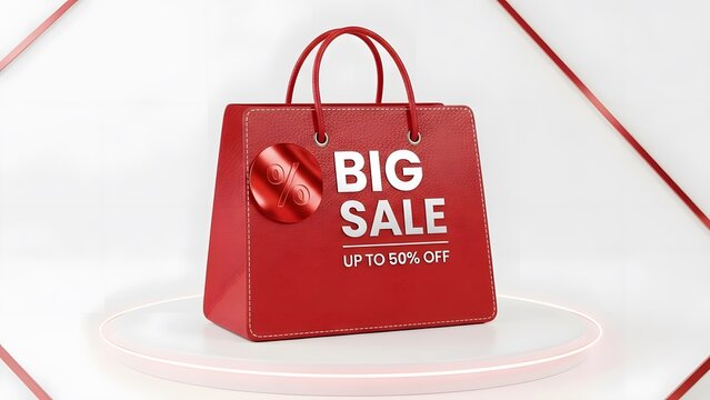 Red shopping bag with text big sale up to 50% off for commerce promotion