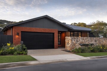 A newly constructed house featuring a contemporary design is located in a suburban neighborhood, highlighted by a stylish stone wall at the front, all during the enchanting early evening hours