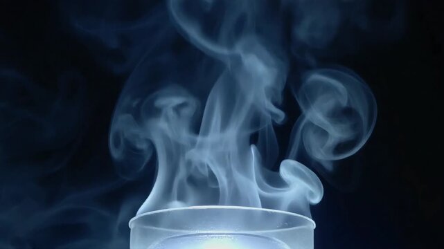 Smoke rising from a glass container against a dark background viewed from a close-up perspective