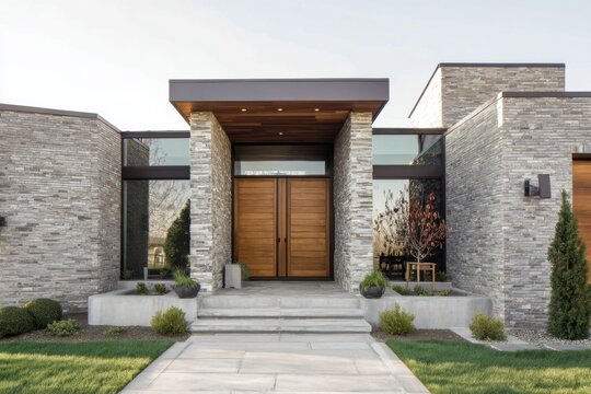 A contemporary home entrance featuring a stylish stone facade and a beautiful wooden door, nestled in a peaceful suburban neighborhood, captured during the daytime