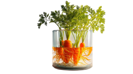PNG of Vibrant orange carrots with green tops growing in a clear glass container filled with water and pebbles.