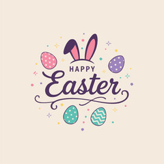 Cheerful 'happy easter' greeting with bunny ears, colorful eggs, and festive confetti