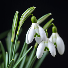 Snowdrop flowers close up on black background


