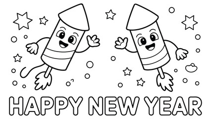 Happy new year cartoon fireworks characters line art illustration for kids coloring book festive celebration design isolated on white background