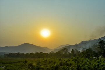 Golden sunrise over lush green hills and forest landscape, soft mist in the distance, serene nature scenery, morning light, countryside environment, and peaceful outdoor background in Assam