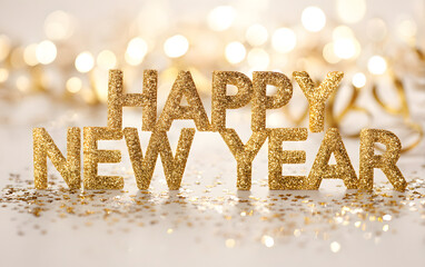 Sparkling golden "New Year" text shining among festive holiday decorations and soft bokeh lights, elegant celebratory design.