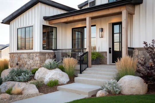 Front entrance of a modern house with stone and wood features, surrounded by plants and rocks during the late afternoon light in a quiet neighborhood